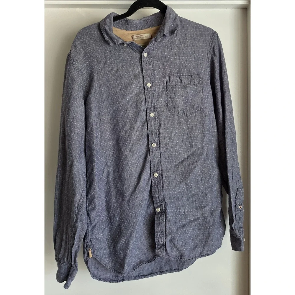 Banana Republic Men Linen Shirt M Blue Dot Long Sleeve Button-Up Classic